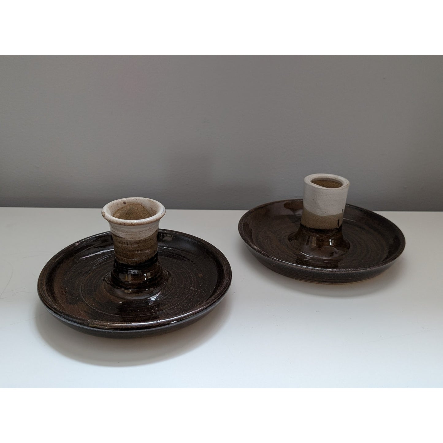Pair of Vintage Pottery Candle Holders in Earth Tones