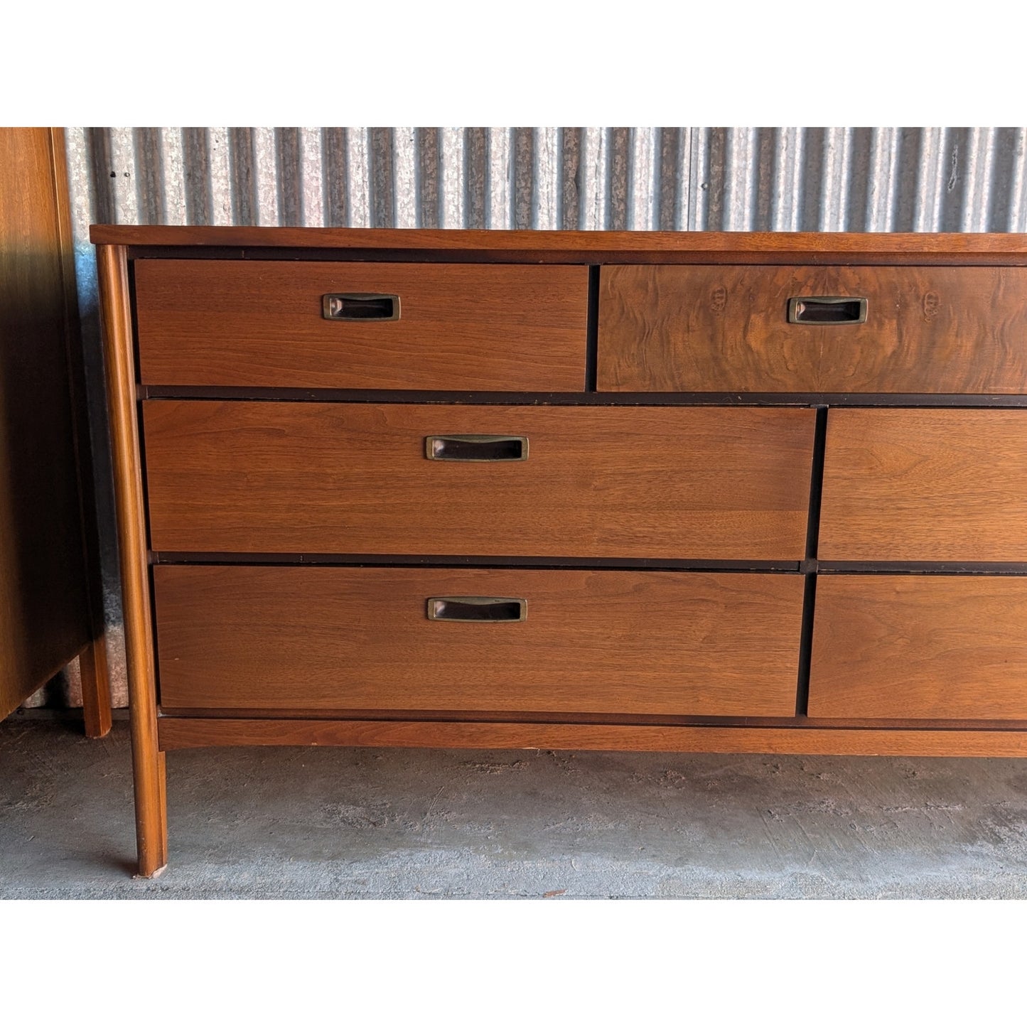 Vintage Lane Mid-Century Modern Long Dresser with Burlwood Drawers, Restored Top