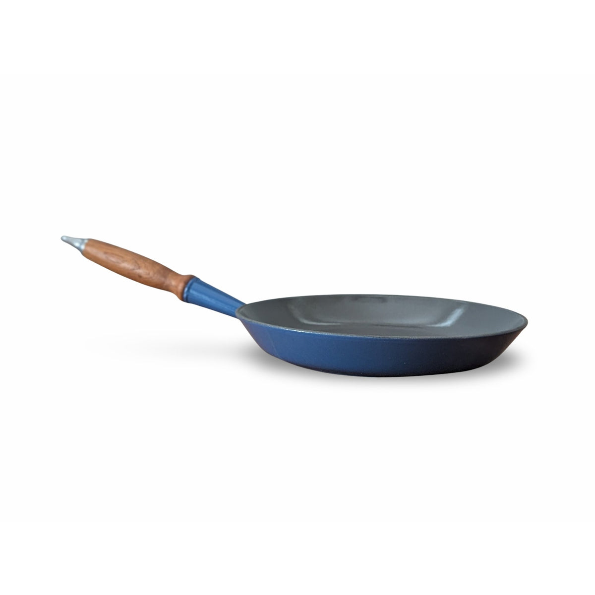 Vintage Mid-Century Modern Le Creuset #26 Blue Enamel Frying Pan Skillet with Wood Handle