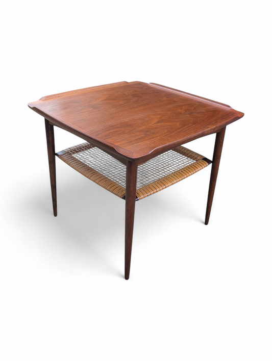Restored vintage Danish modern Poul Jensen teak two-tier side table with woven cane lower shelf, 24 x 24 x 20.5 inches tall