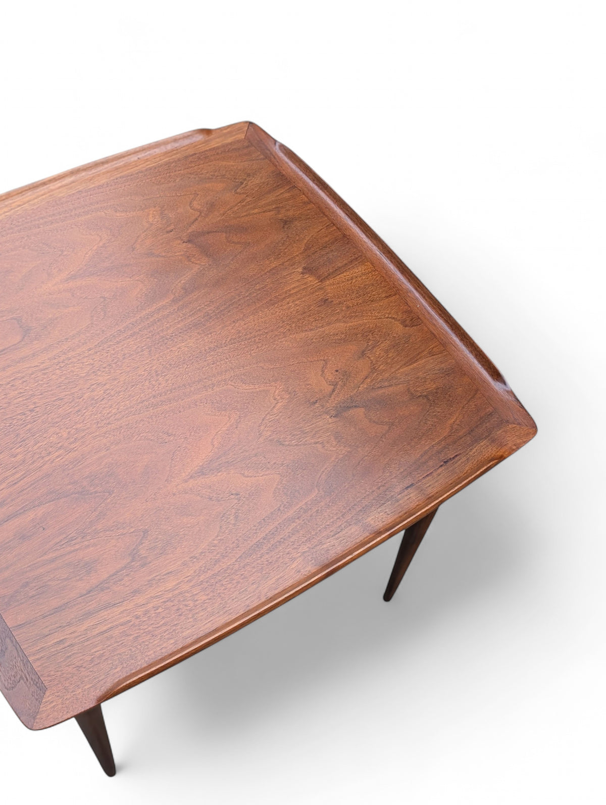 Restored vintage Danish modern Poul Jensen teak two-tier side table with woven cane lower shelf, 24 x 24 x 20.5 inches tall