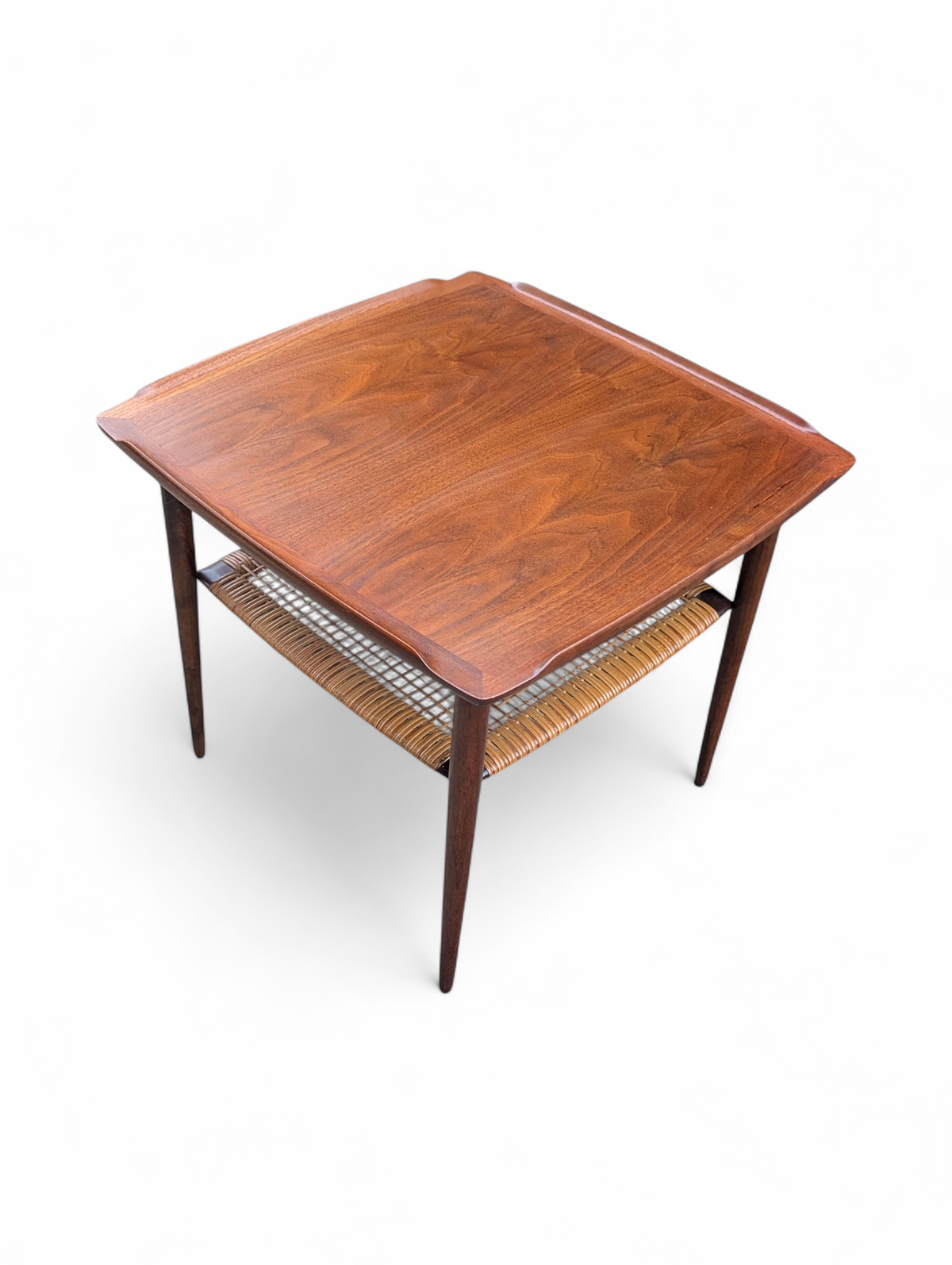 Restored vintage Danish modern Poul Jensen teak two-tier side table with woven cane lower shelf, 24 x 24 x 20.5 inches tall