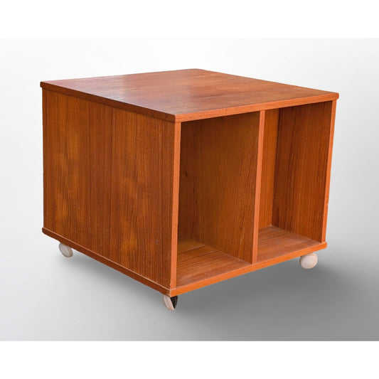 Danish teak rolling cube side table with vinyl record storage mid century modern compact end table