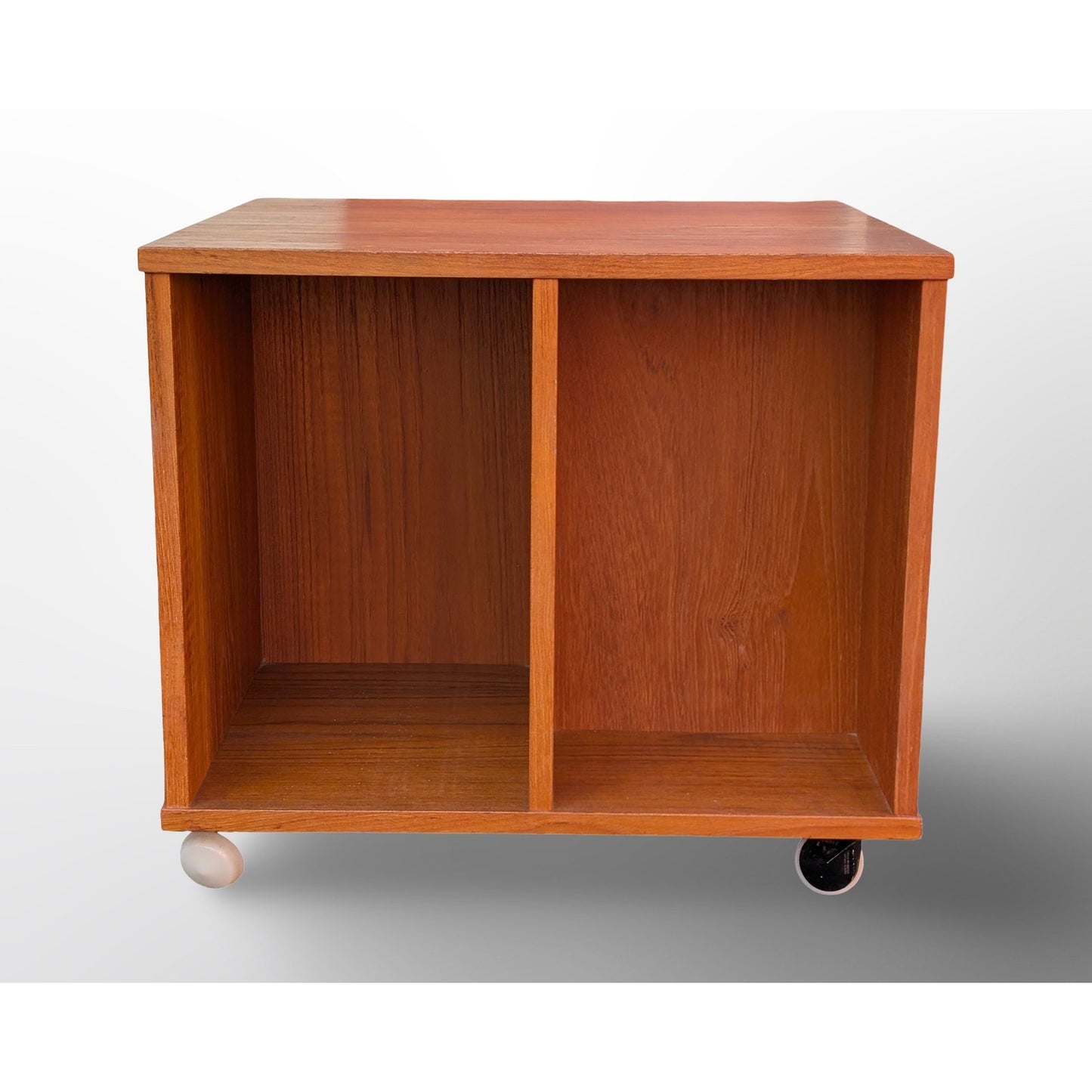 Danish teak rolling cube side table with vinyl record storage mid century modern compact end table