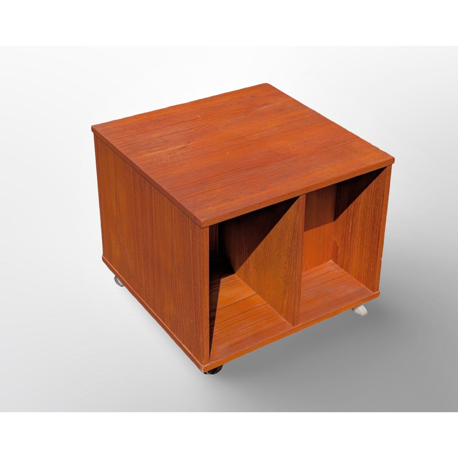 Danish teak rolling cube side table with vinyl record storage mid century modern compact end table