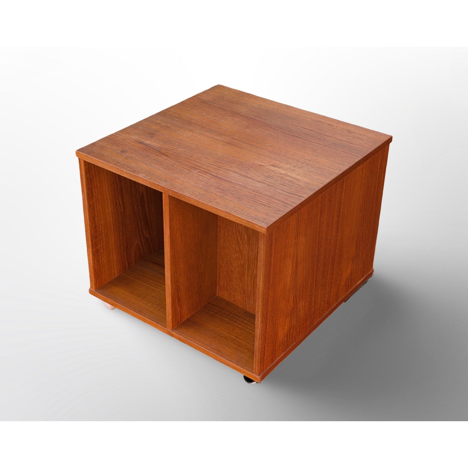 Danish teak rolling cube side table with vinyl record storage mid century modern compact end table