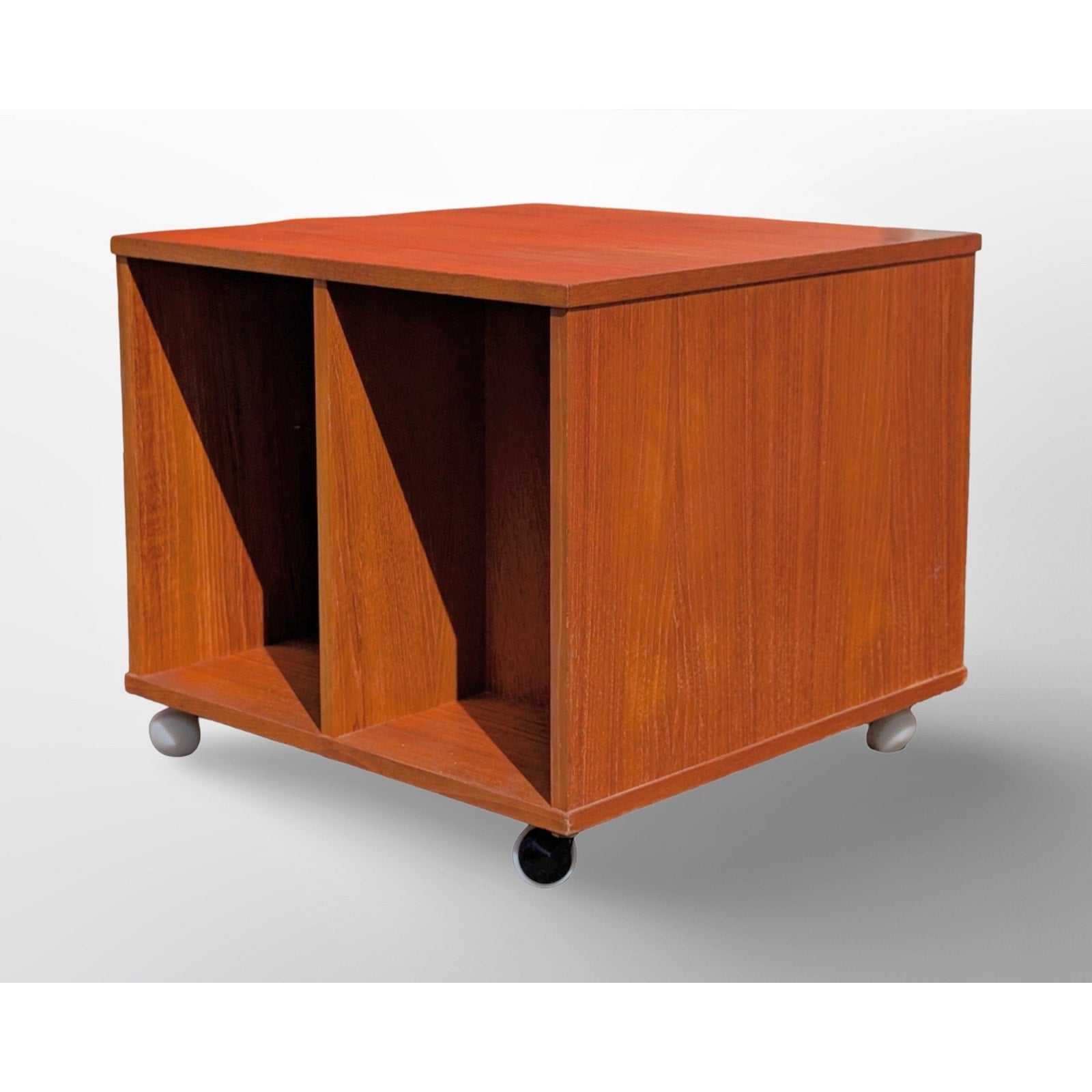 Danish teak rolling cube side table with vinyl record storage mid century modern compact end table