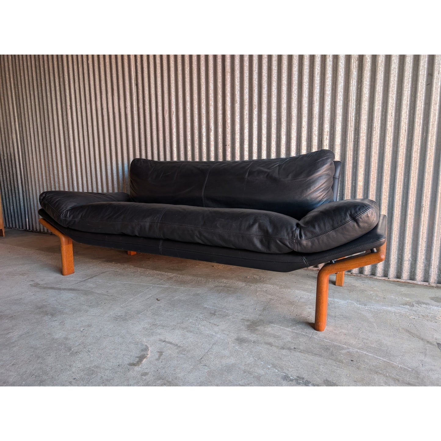 Mid-Century Modern Sofa by Komfort Denmark, Black Leather & Teak, Danish Modern