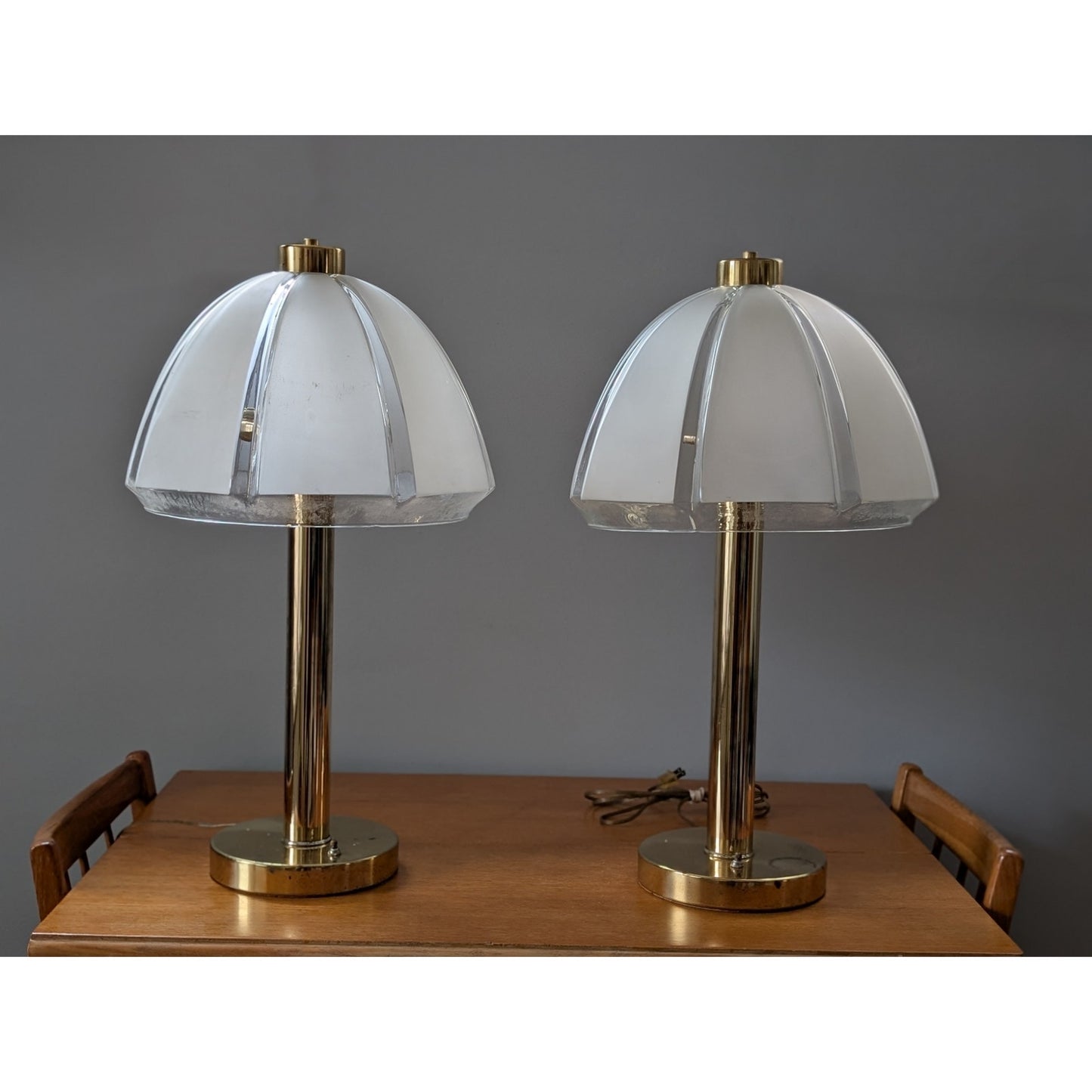 Pair of Vintage Clover Table Lamps with Frosted Mushroom Glass Shades