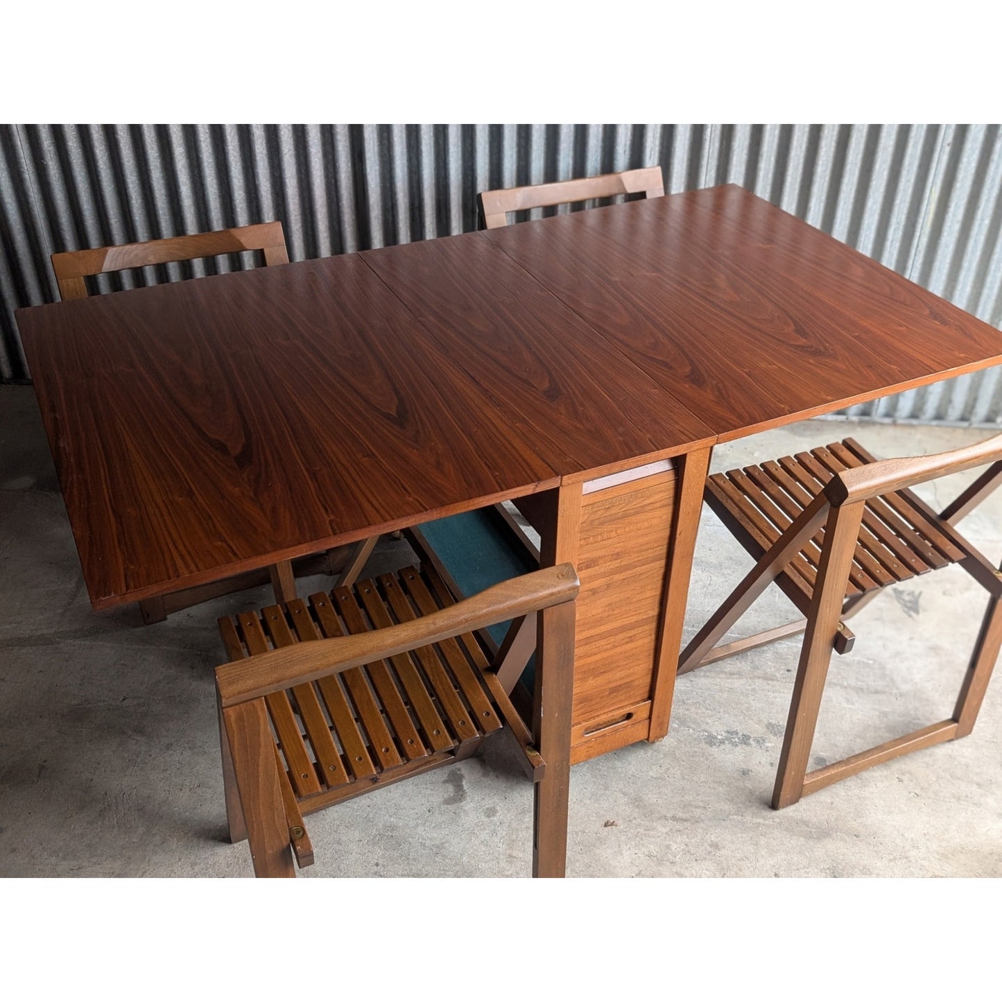 Vintage Mid-Century Modern Drop-Leaf Dining Table with Four Folding Chairs Made in Romania