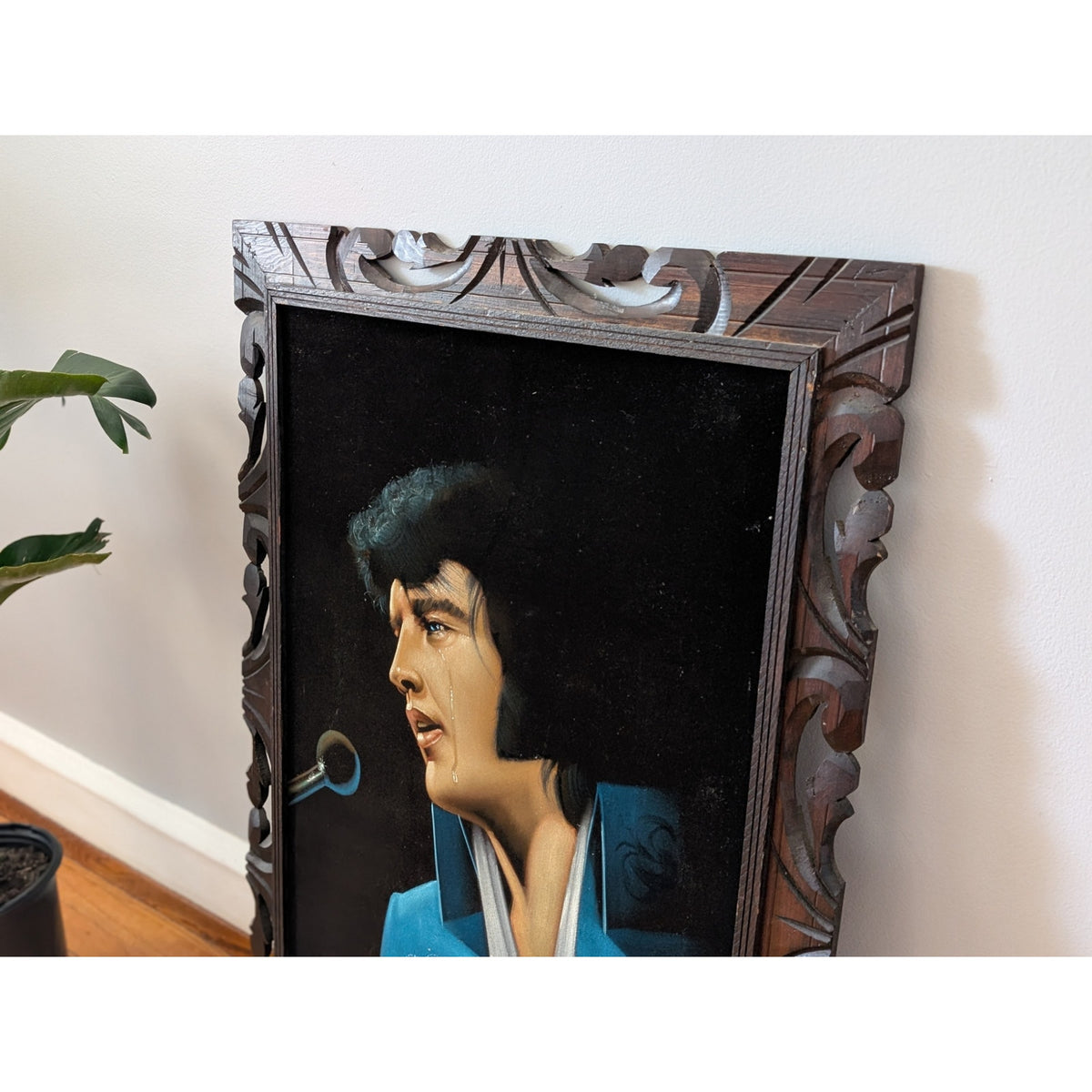 Large Vintage Crying Elvis Black Velvet Painting with Wood Frame — additional view 4