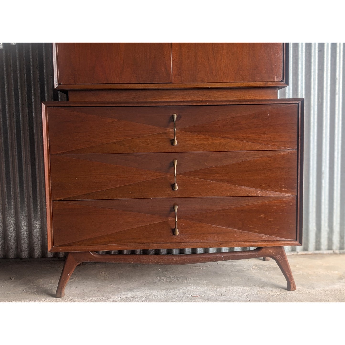 Vintage Mid-Century Modern Diamond Front Highboy Dresser