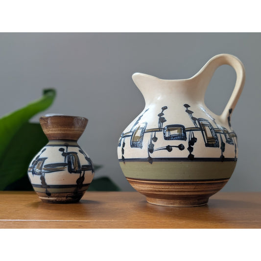 Vintage Mid-Century Modern Hand-Painted Pottery Pitcher & Vase – Harsa Israel