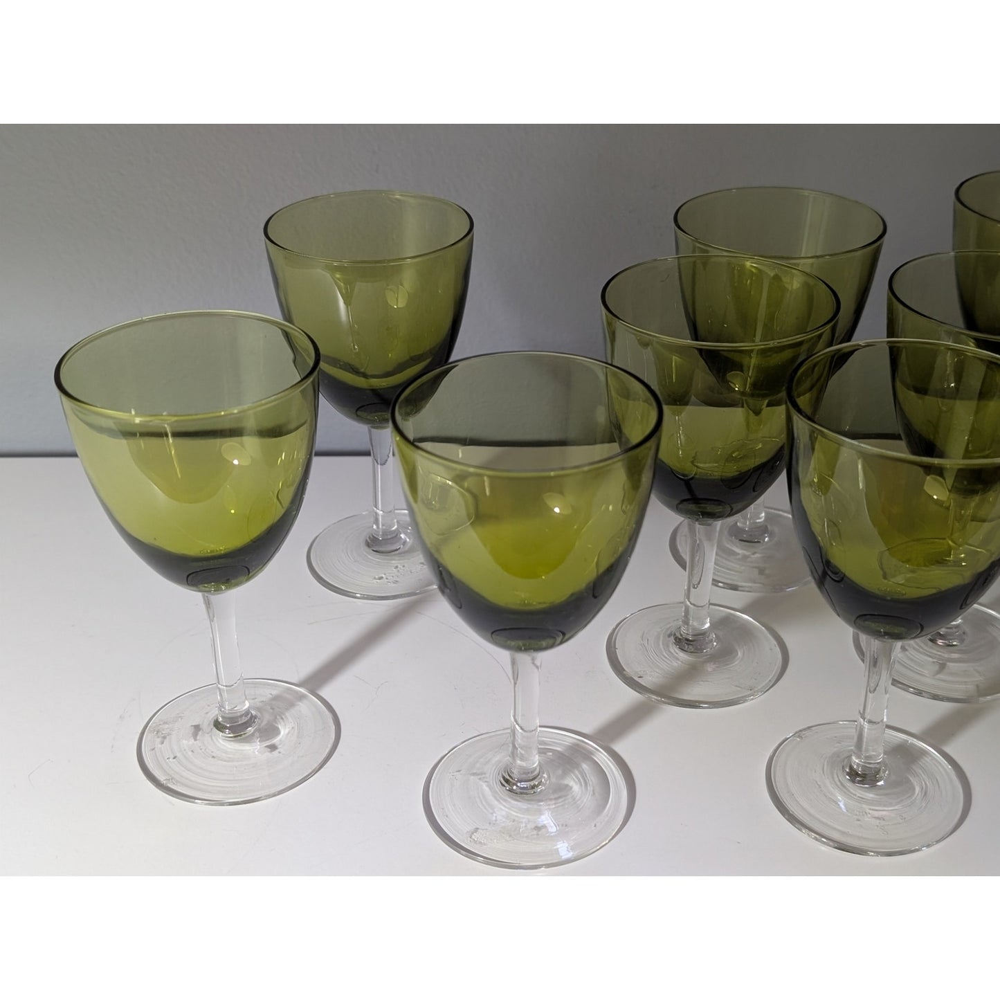 Set of 10 Vintage Mid-Century Modern Green Stemmed Glasses