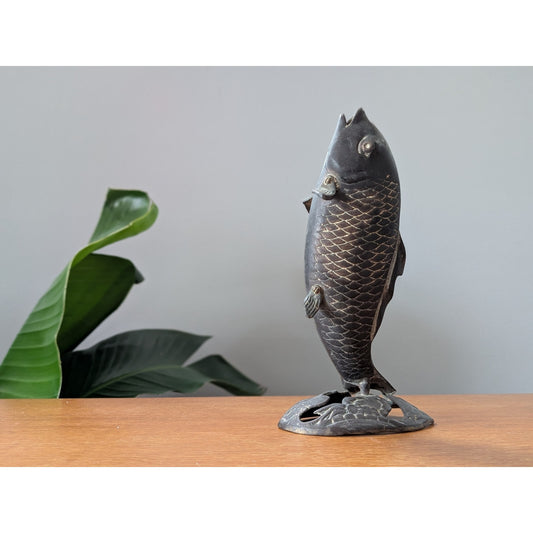 Vintage Solid Brass Ikebana Koi Fish Vase