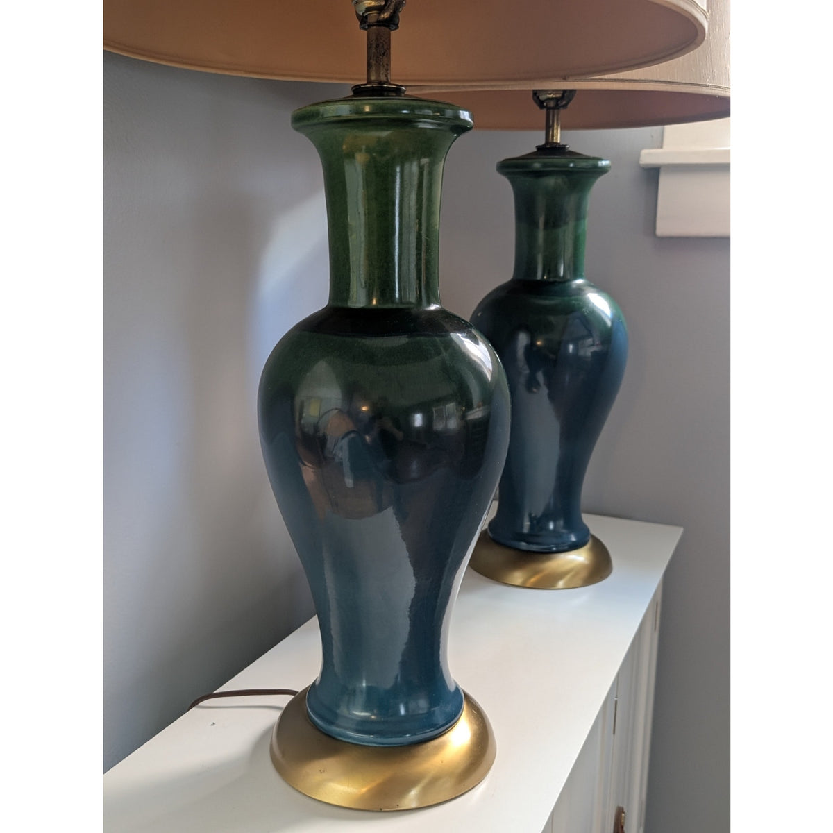 Pair of MCM Blue & Green Drip Glaze Ceramic Lamps 38" Mid Century Modern — additional view 3
