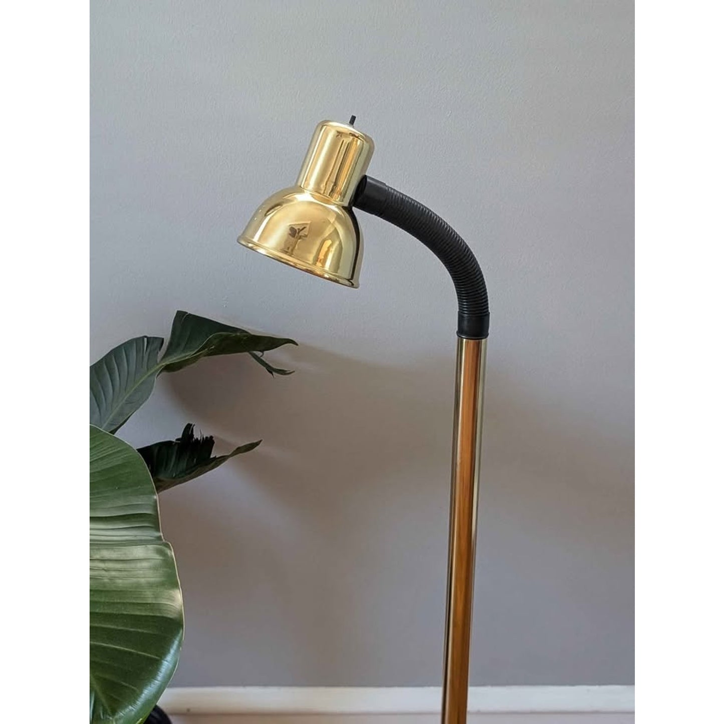 Vintage mid century modern gooseneck floor lamp, gold & black