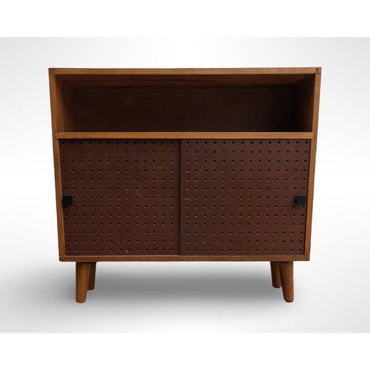 Vintage Mid Century Modern Maple Sliding Door Cabinet Pegboard Bookcase