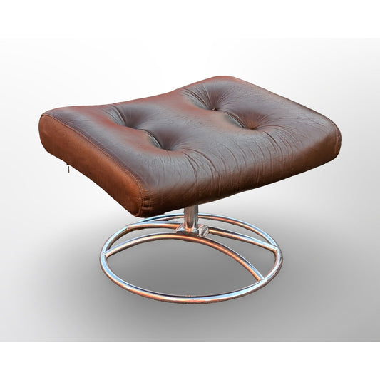 Ekornes Stressless brown leather ottoman with chrome base Scandinavian mid century modern footstool