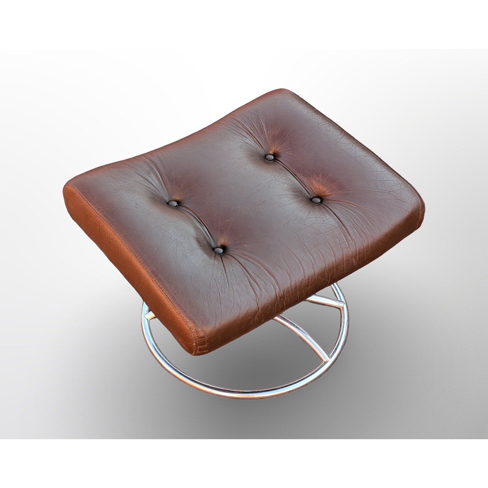 Ekornes Stressless brown leather ottoman with chrome base Scandinavian mid century modern footstool
