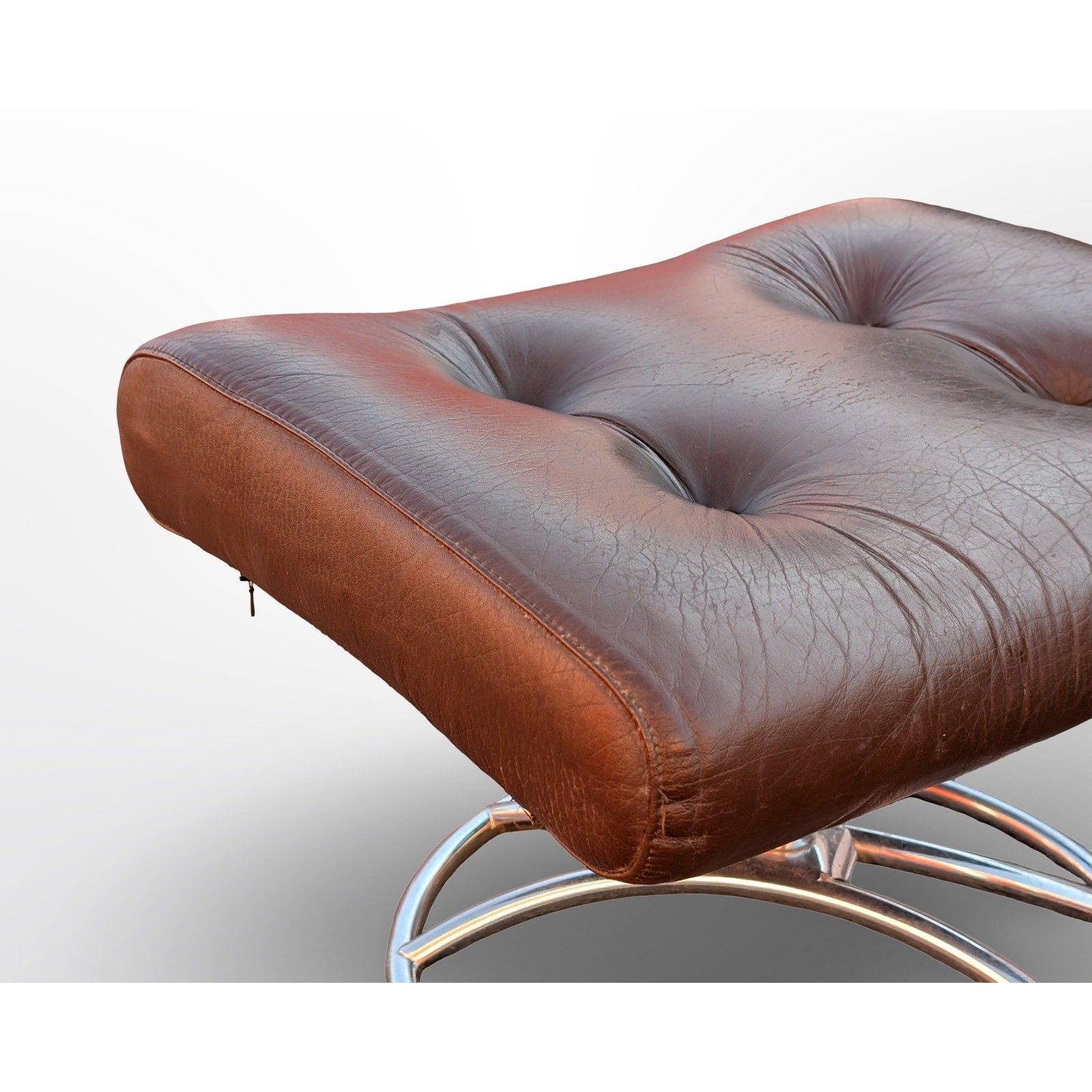 Ekornes Stressless brown leather ottoman with chrome base Scandinavian mid century modern footstool