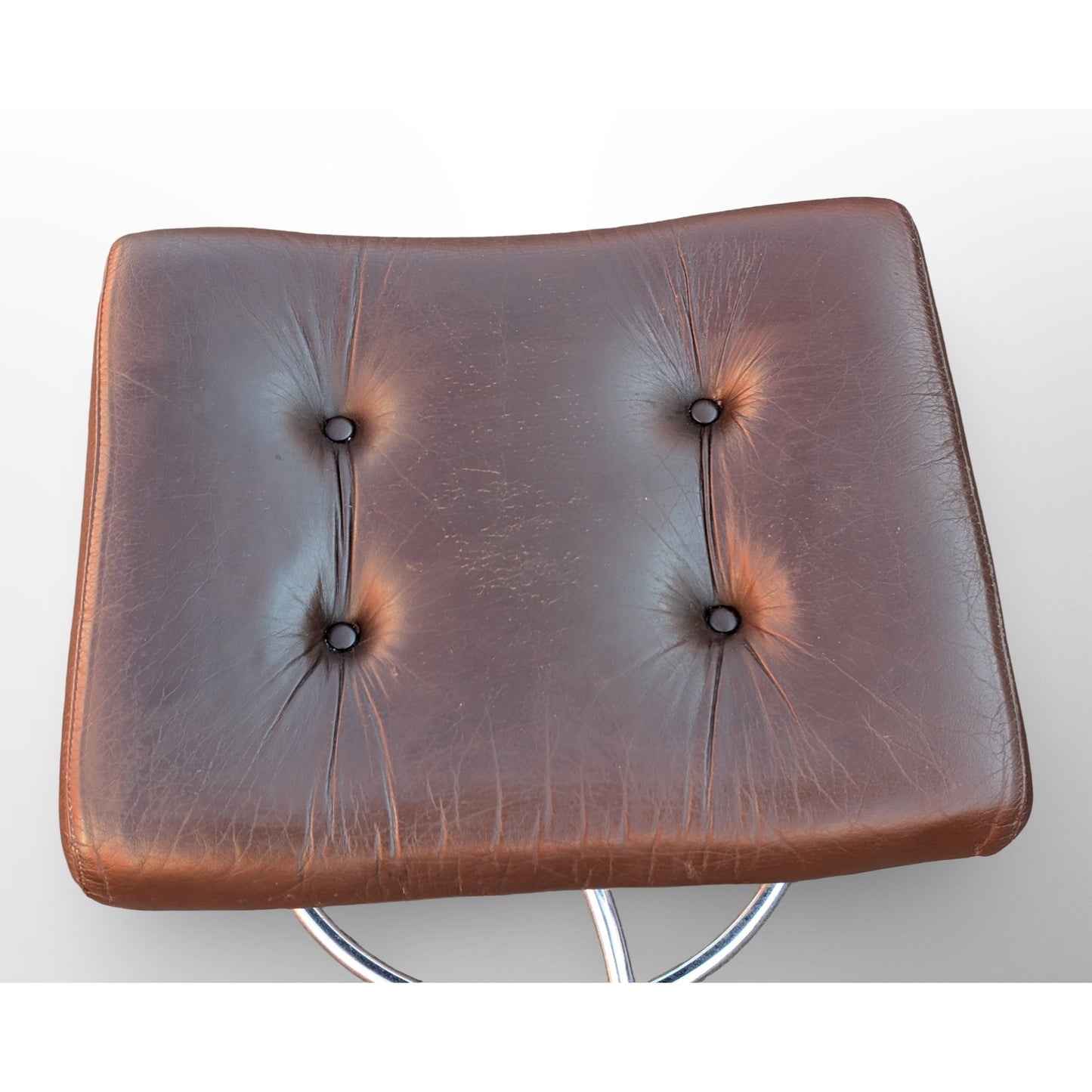 Ekornes Stressless brown leather ottoman with chrome base Scandinavian mid century modern footstool