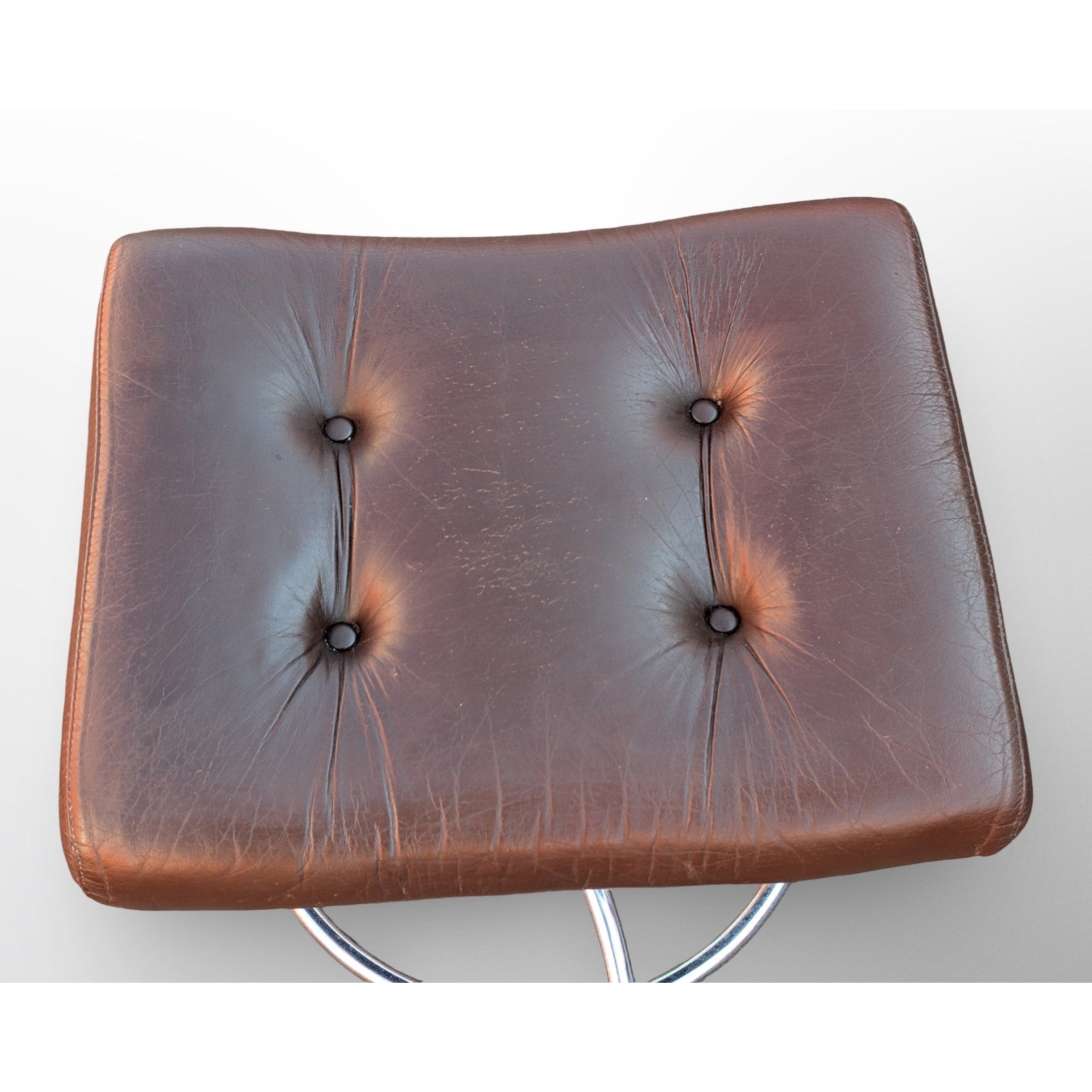 Ekornes Stressless brown leather ottoman with chrome base Scandinavian mid century modern footstool