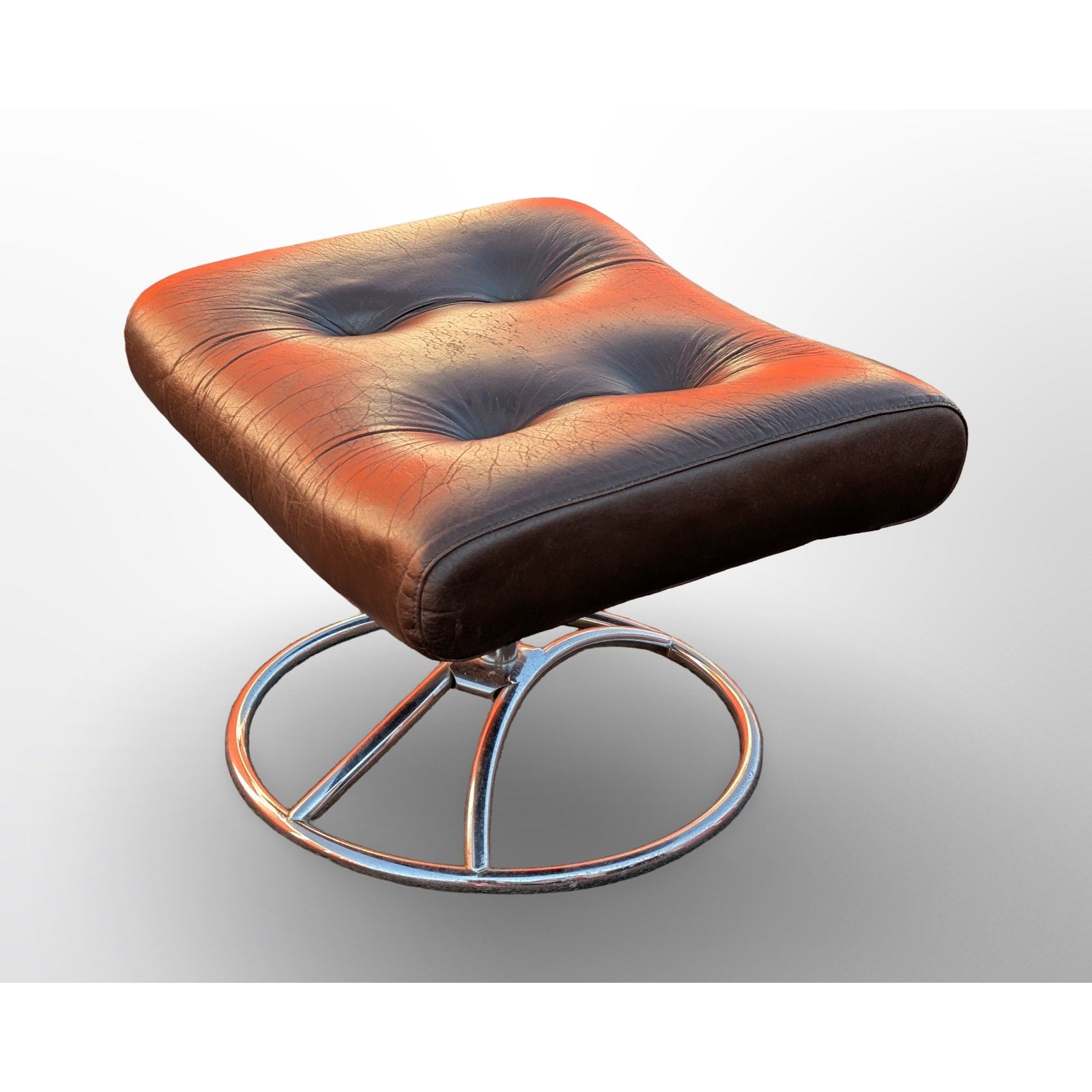 Ekornes Stressless brown leather ottoman with chrome base Scandinavian mid century modern footstool