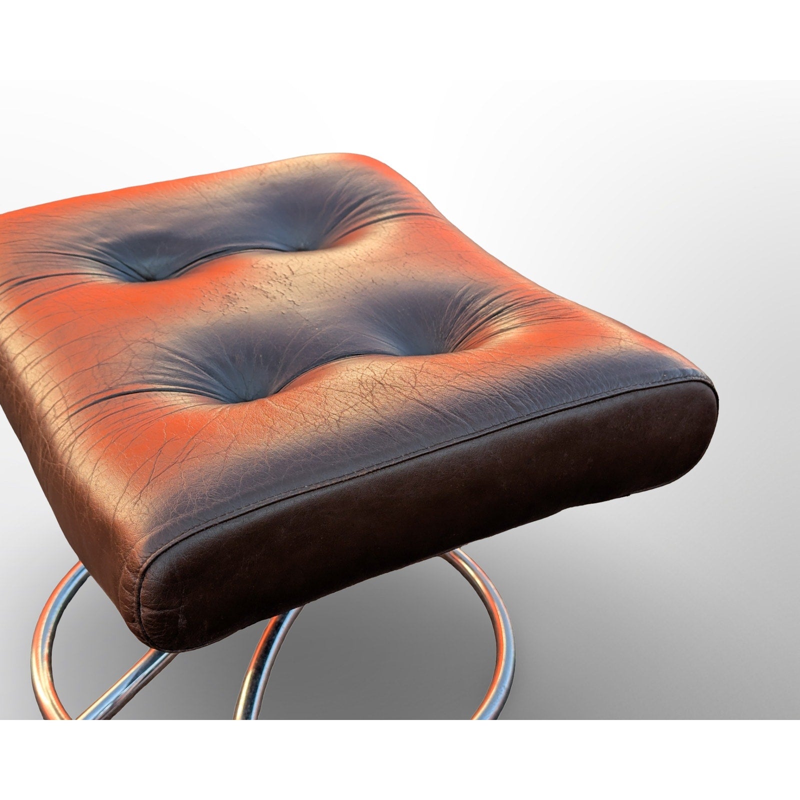 Ekornes Stressless brown leather ottoman with chrome base Scandinavian mid century modern footstool