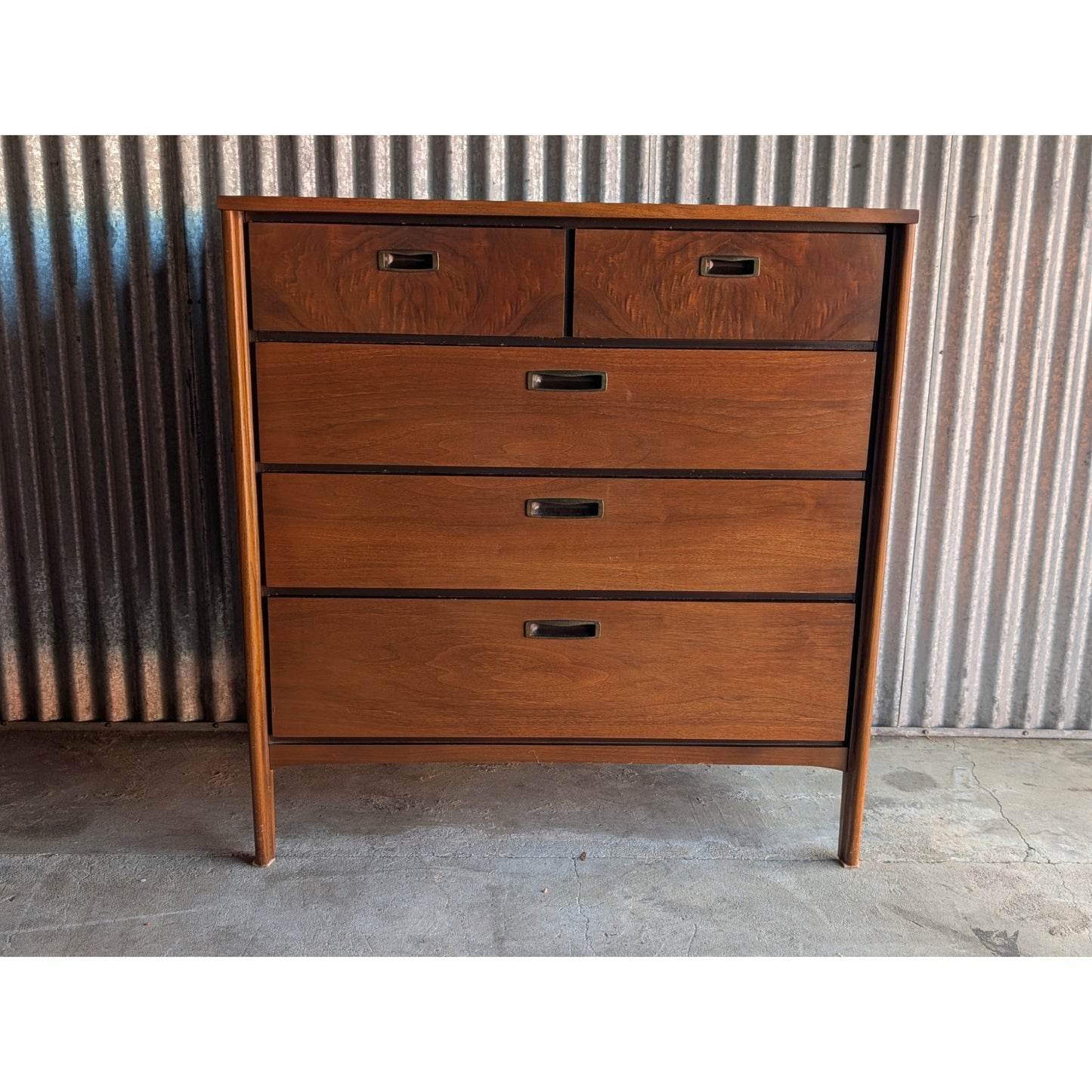 Vintage Lane Mid-Century Modern Tall Dresser with Burlwood Drawer, Restored Top