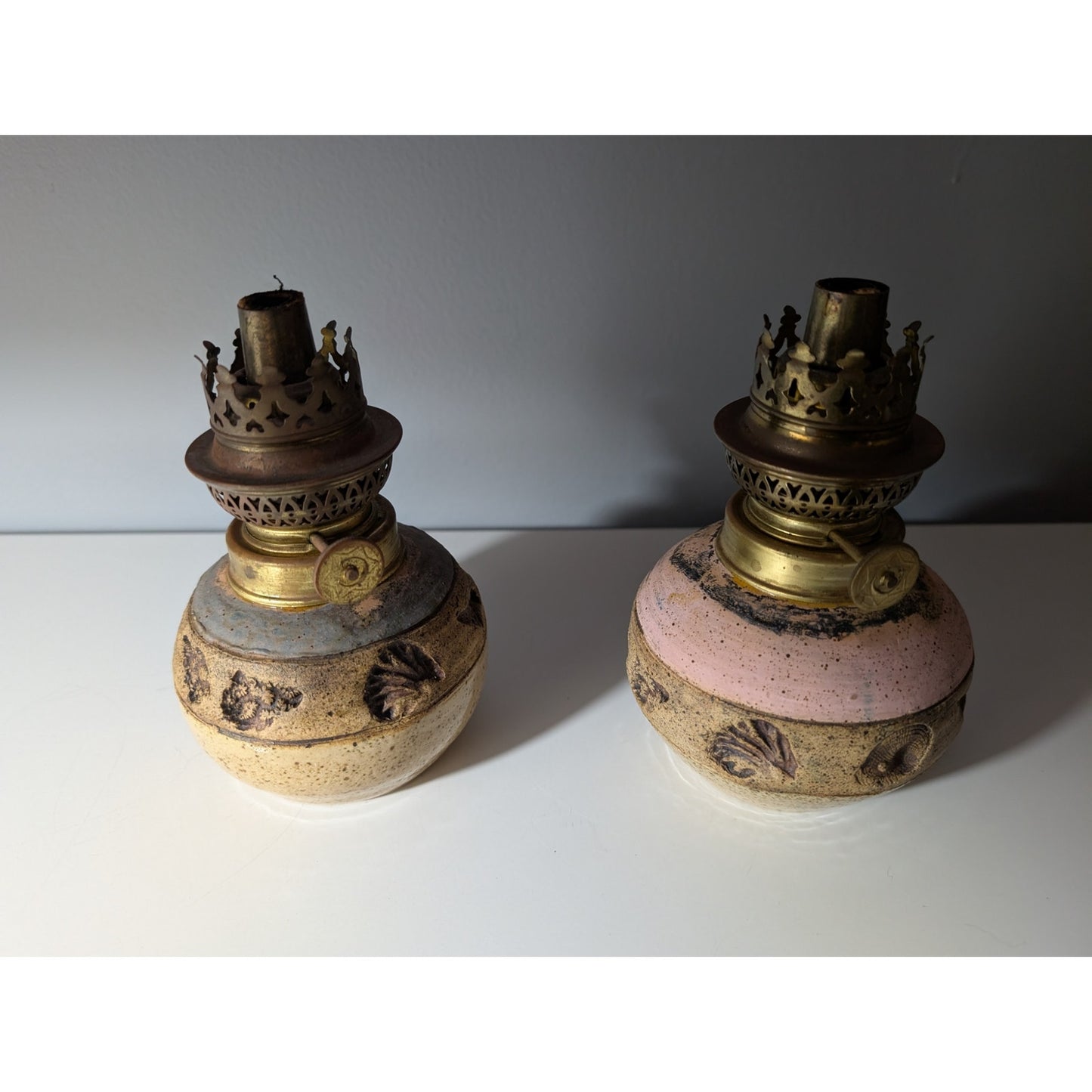 Pair of Vintage Studio Pottery Oil Lamps - Boho Seashell Motif