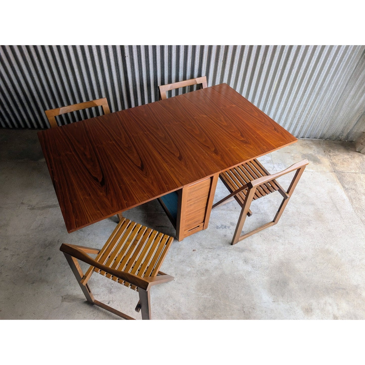 Vintage Mid-Century Modern Drop-Leaf Dining Table with Four Folding Chairs Made in Romania