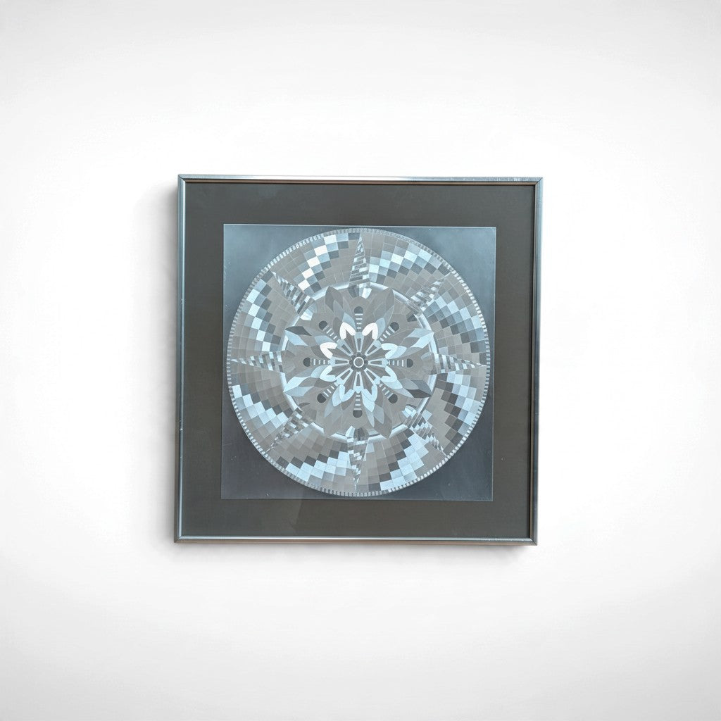 Framed Geometric Op-Art Mandala Print Square Gray and Silver Tones. - Image 1