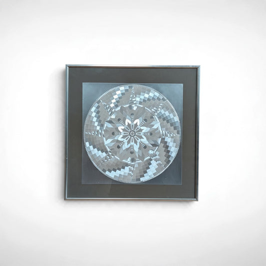 Framed Geometric Op-Art Mandala Print Square Gray and Silver Tones. - Image 1