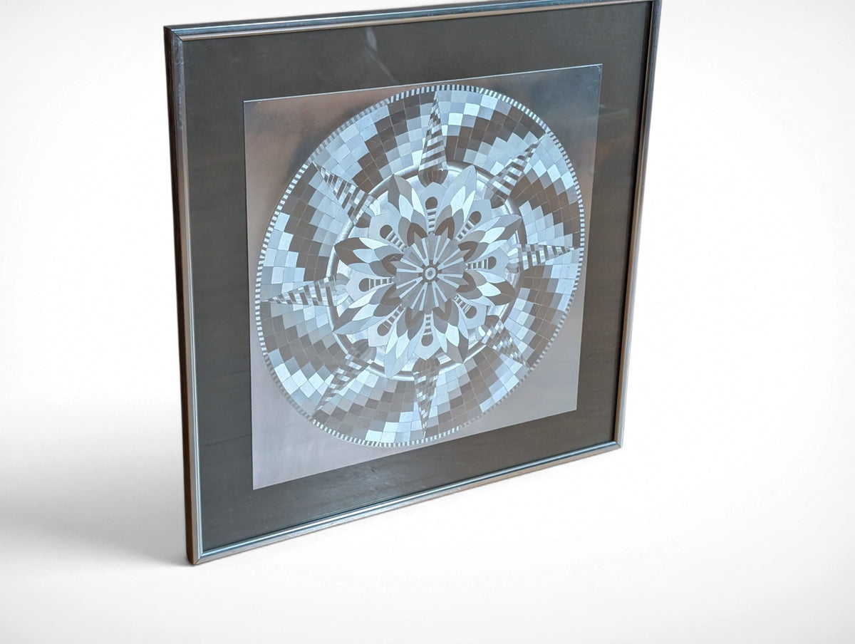 Framed Geometric Op-Art Mandala Print Square Gray and Silver Tones. - Image 2
