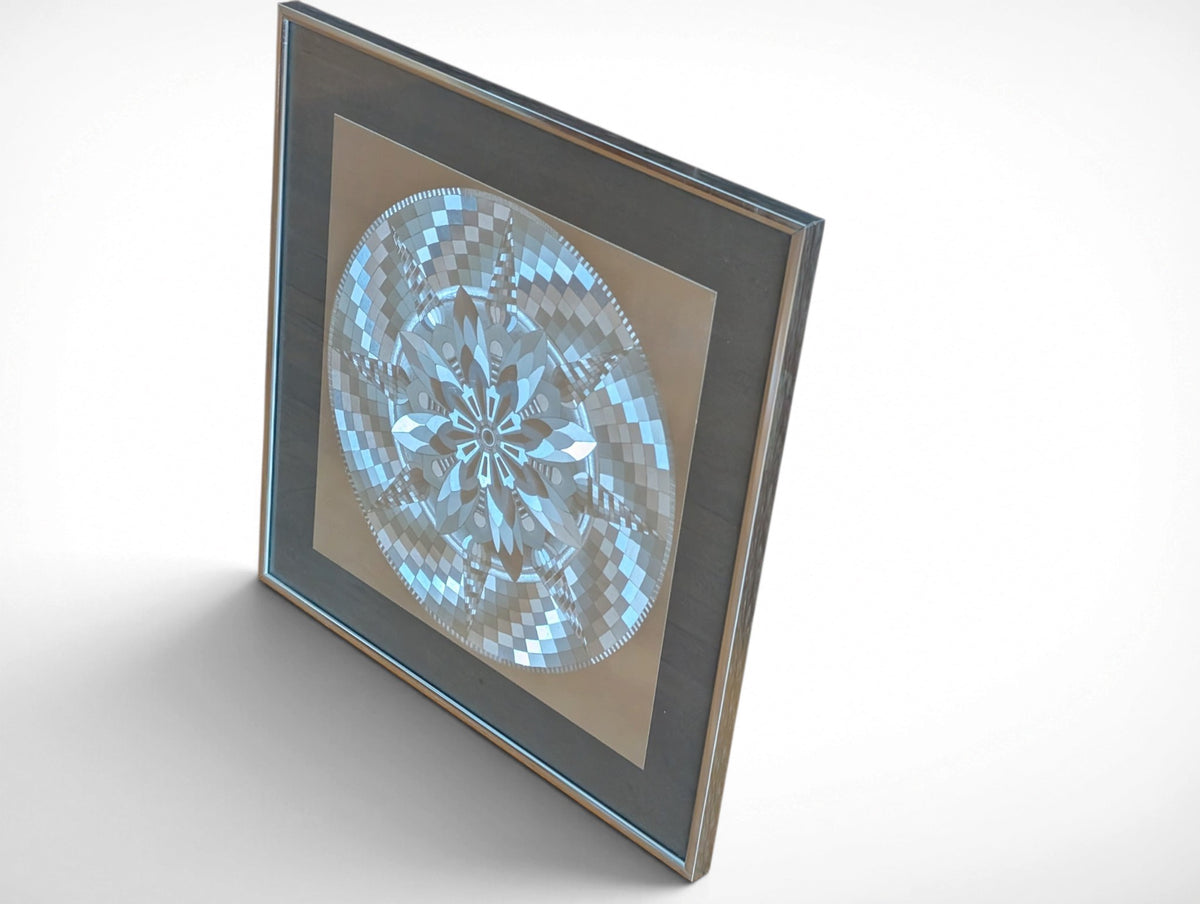 Framed Geometric Op-Art Mandala Print Square Gray and Silver Tones. - Image 3