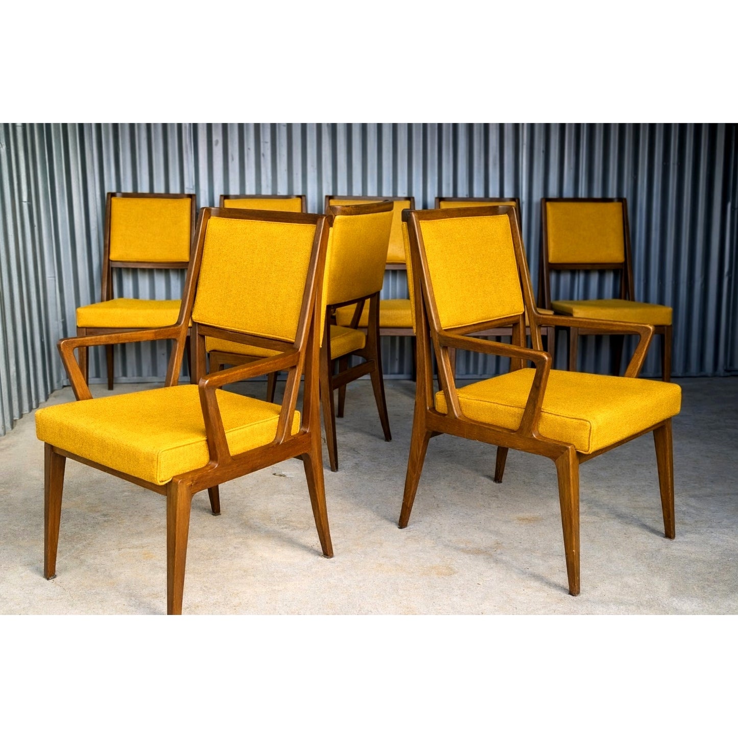 Set of eight Gio Ponti for Singer & Sons walnut dining chairs models 231 and 233 in mid century modern design