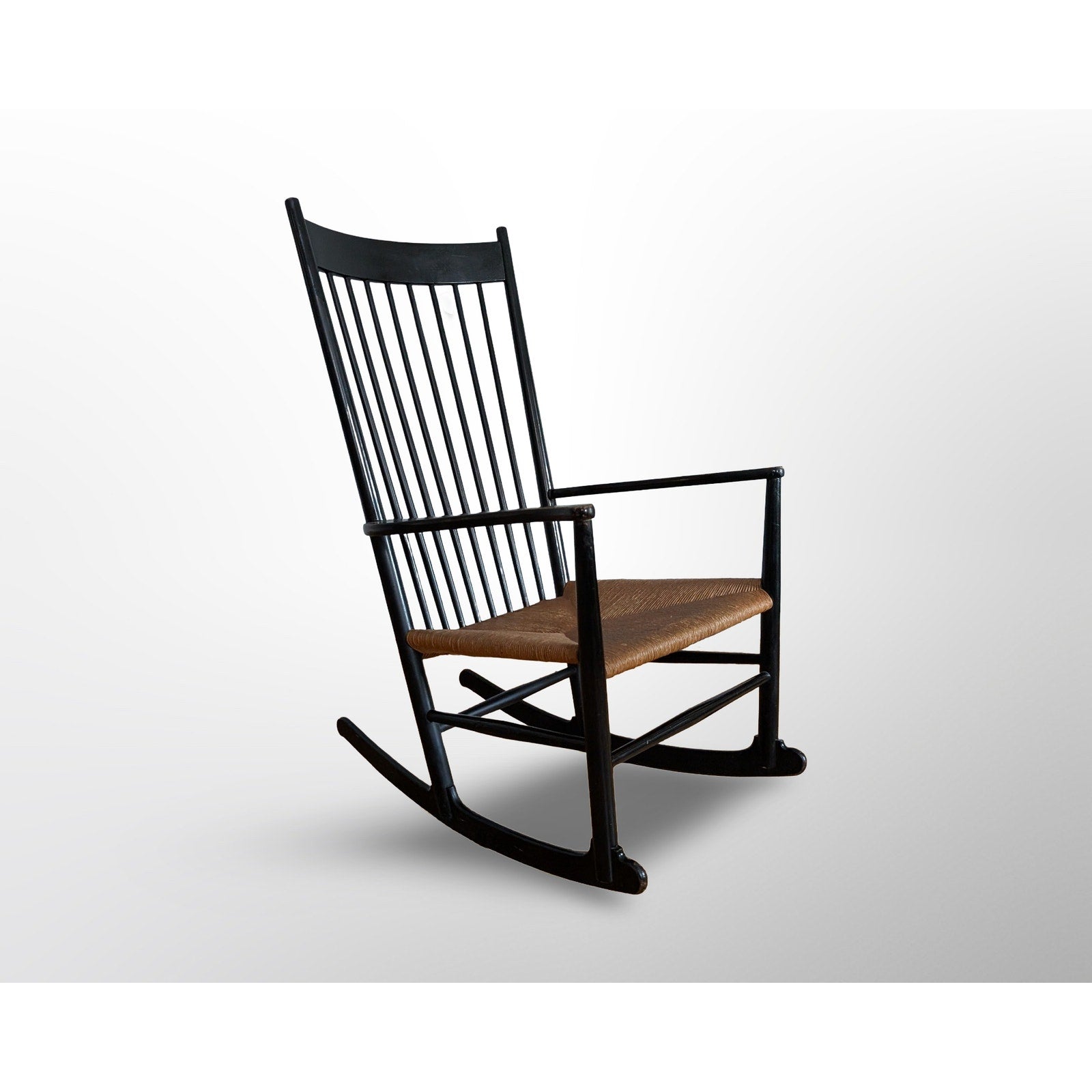 Hans Wegner J16 rocking chair black lacquer Danish modern spindle chair made in Denmark