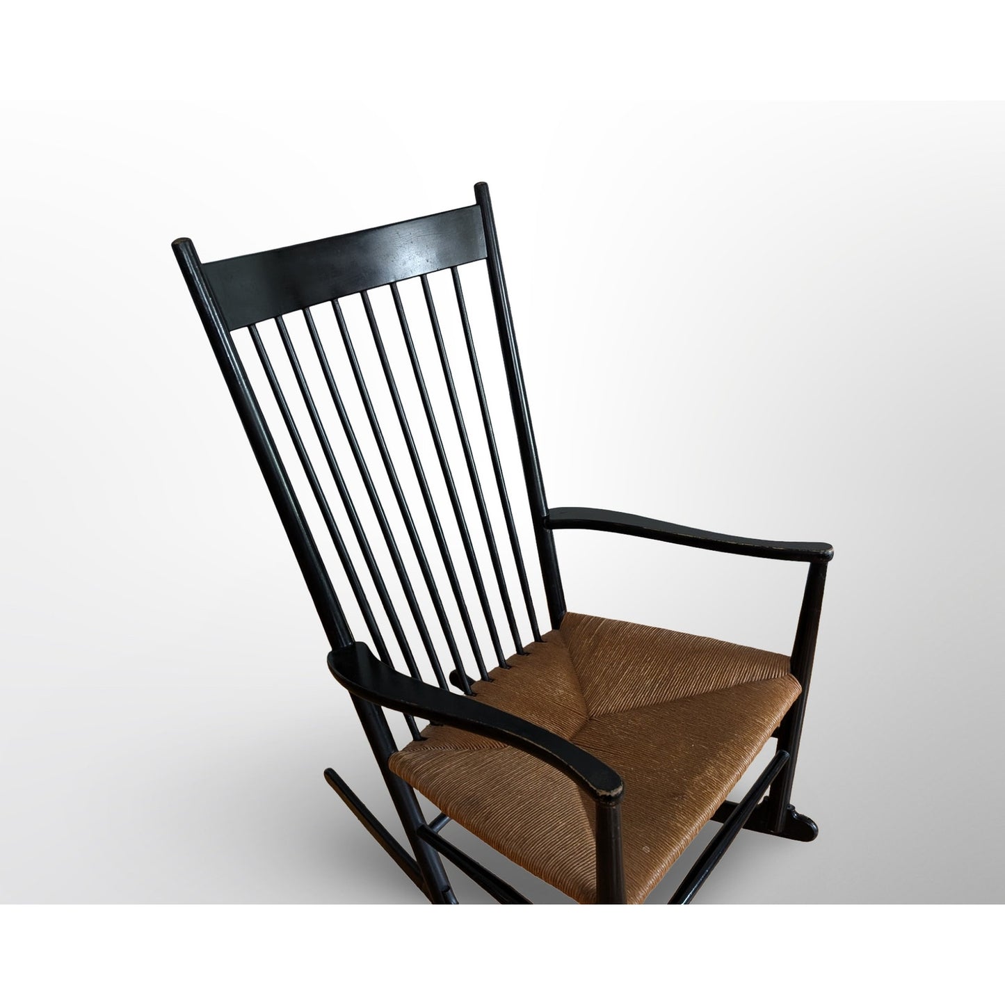 Hans Wegner J16 rocking chair black lacquer Danish modern spindle chair made in Denmark