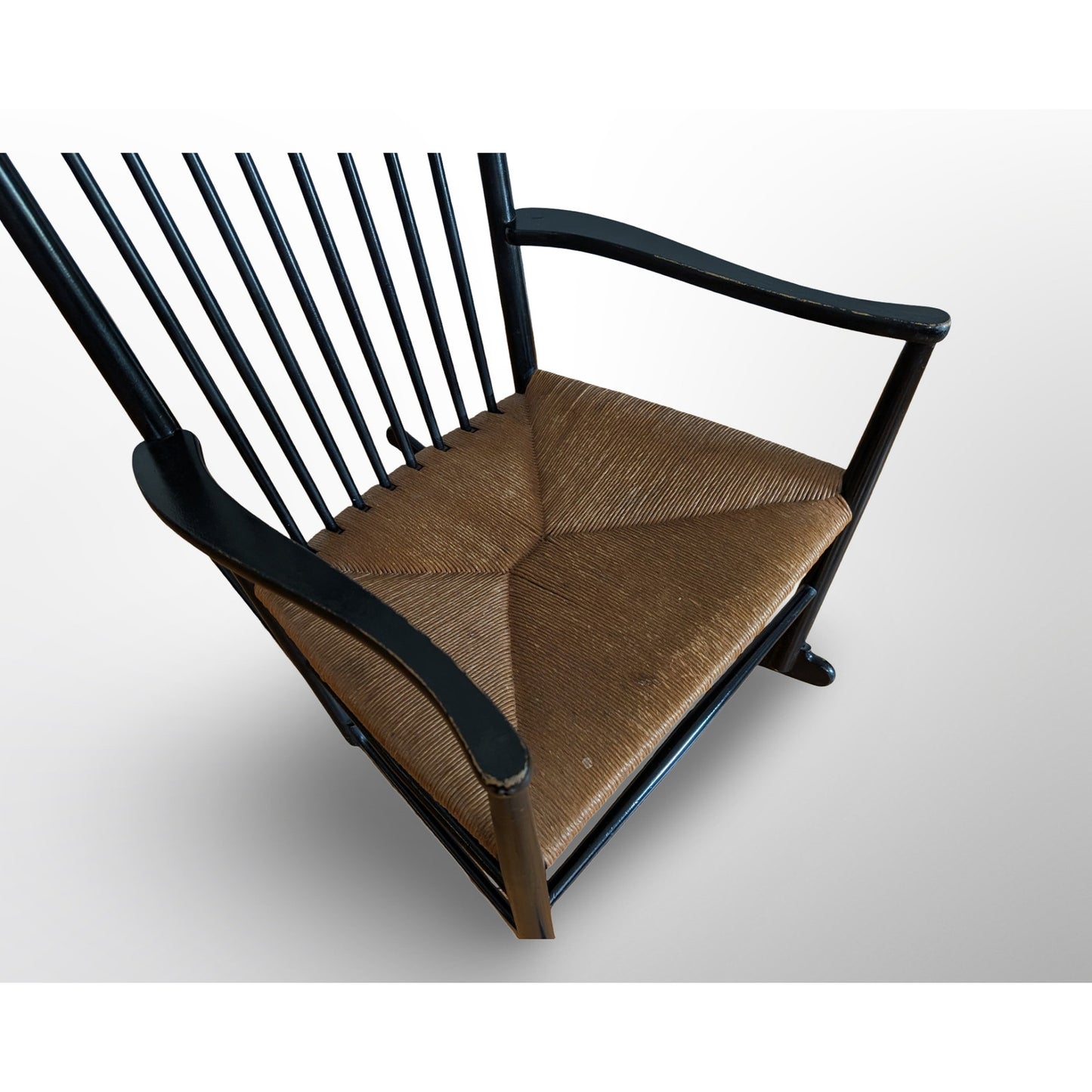 Hans Wegner J16 rocking chair black lacquer Danish modern spindle chair made in Denmark