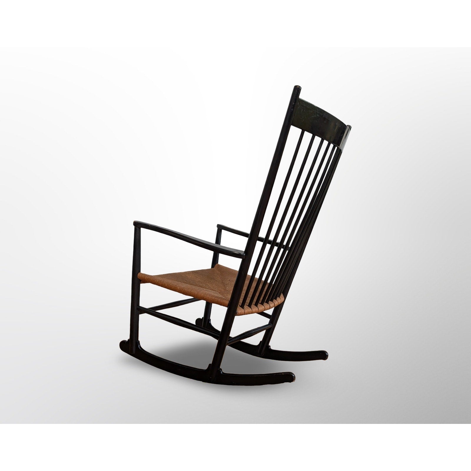 Hans Wegner J16 rocking chair black lacquer Danish modern spindle chair made in Denmark