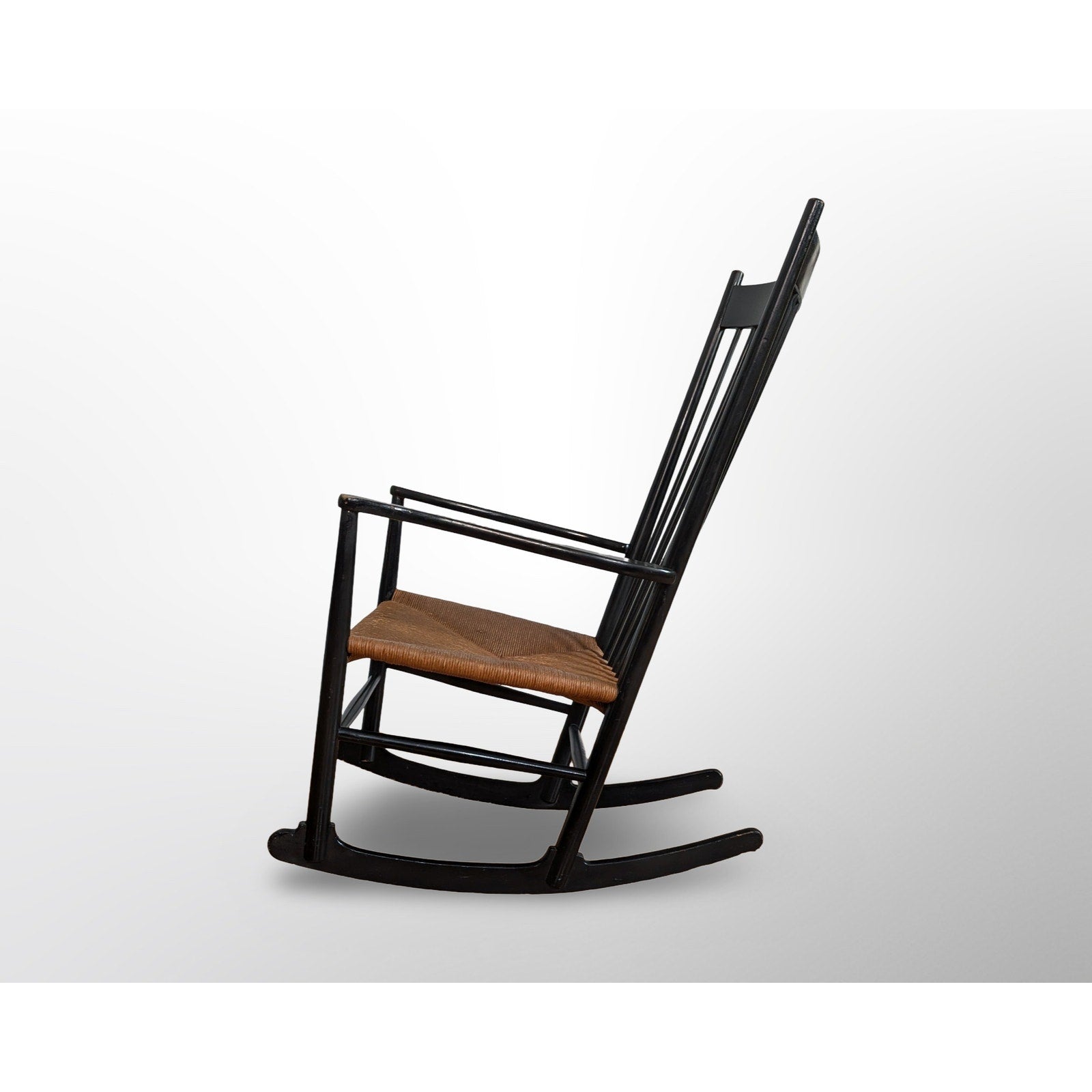 Hans Wegner J16 rocking chair black lacquer Danish modern spindle chair made in Denmark