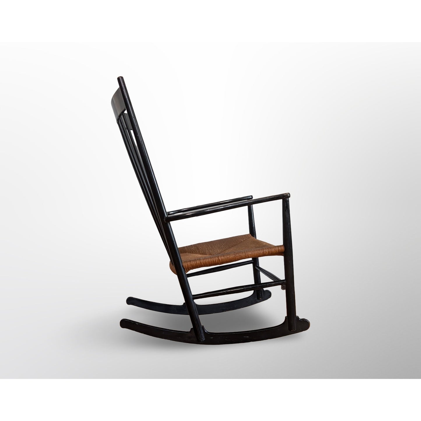 Hans Wegner J16 rocking chair black lacquer Danish modern spindle chair made in Denmark