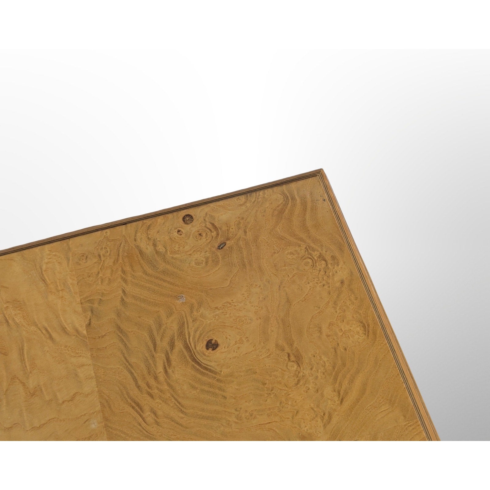 Close up of olive burl wood grain on Henredon Scene II mid century modern side table