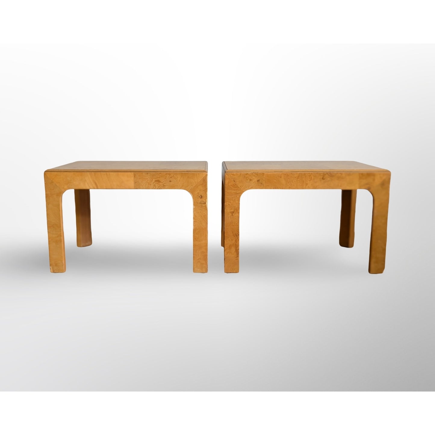 Pair of Henredon Scene II olive burl side tables mid century modern design with rich wood grain