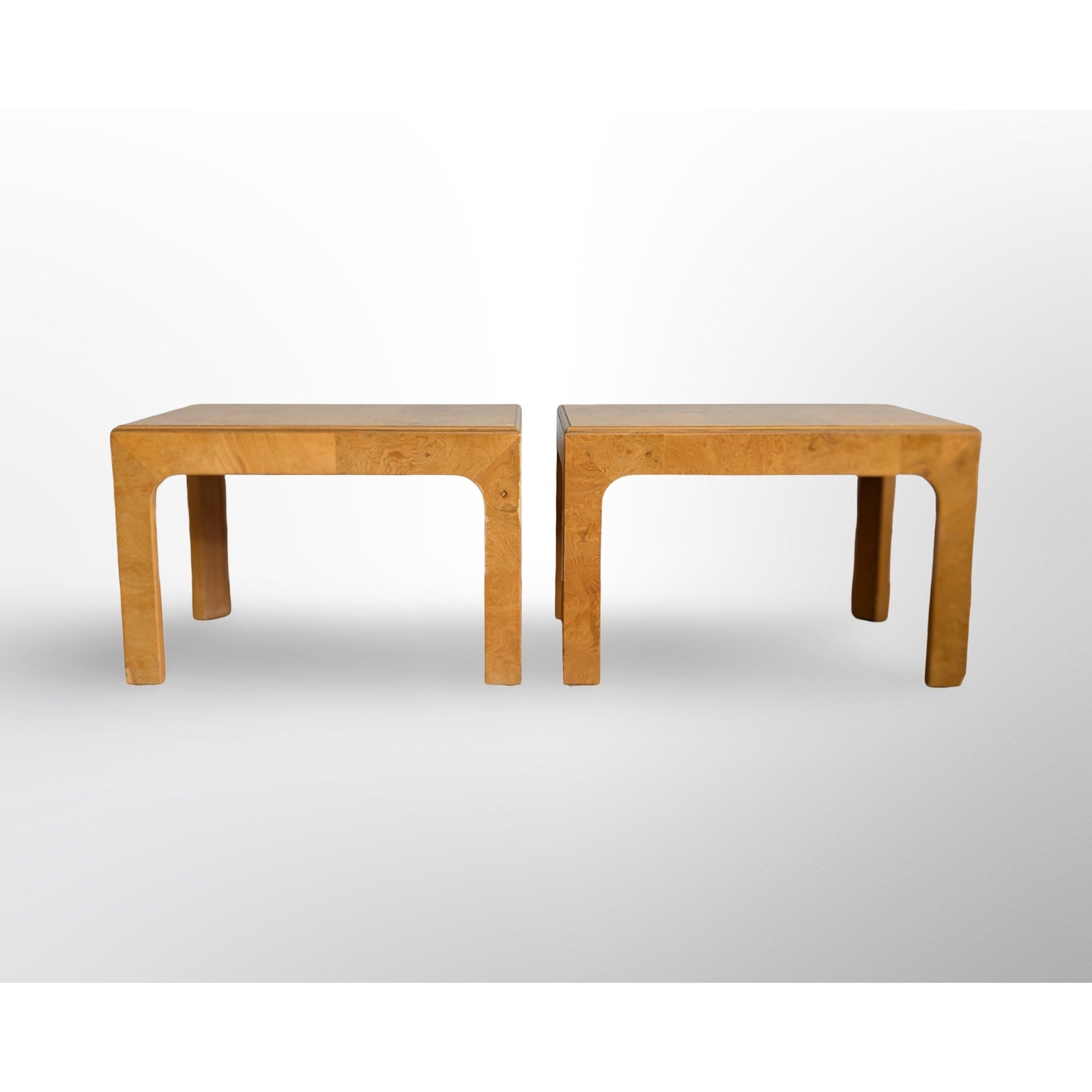 Pair of Henredon Scene II olive burl side tables mid century modern design with rich wood grain