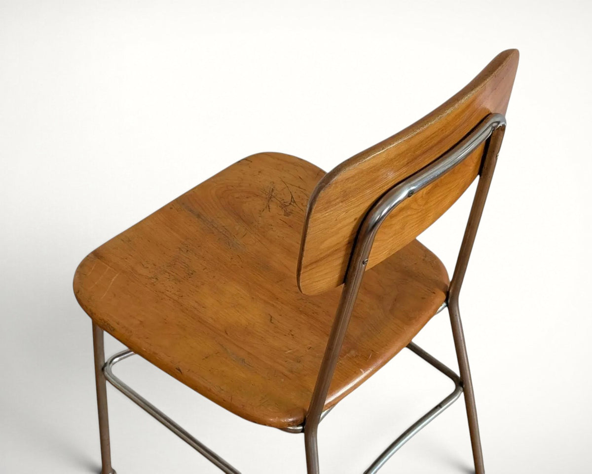Heywood Wakefield Thin Line maple and chrome chair, side and back view