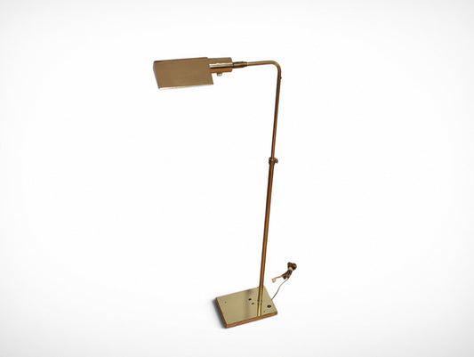Vintage Koch and Lowy brass pharmacy floor lamp by OMI with rectangular shade and weighted base, front view