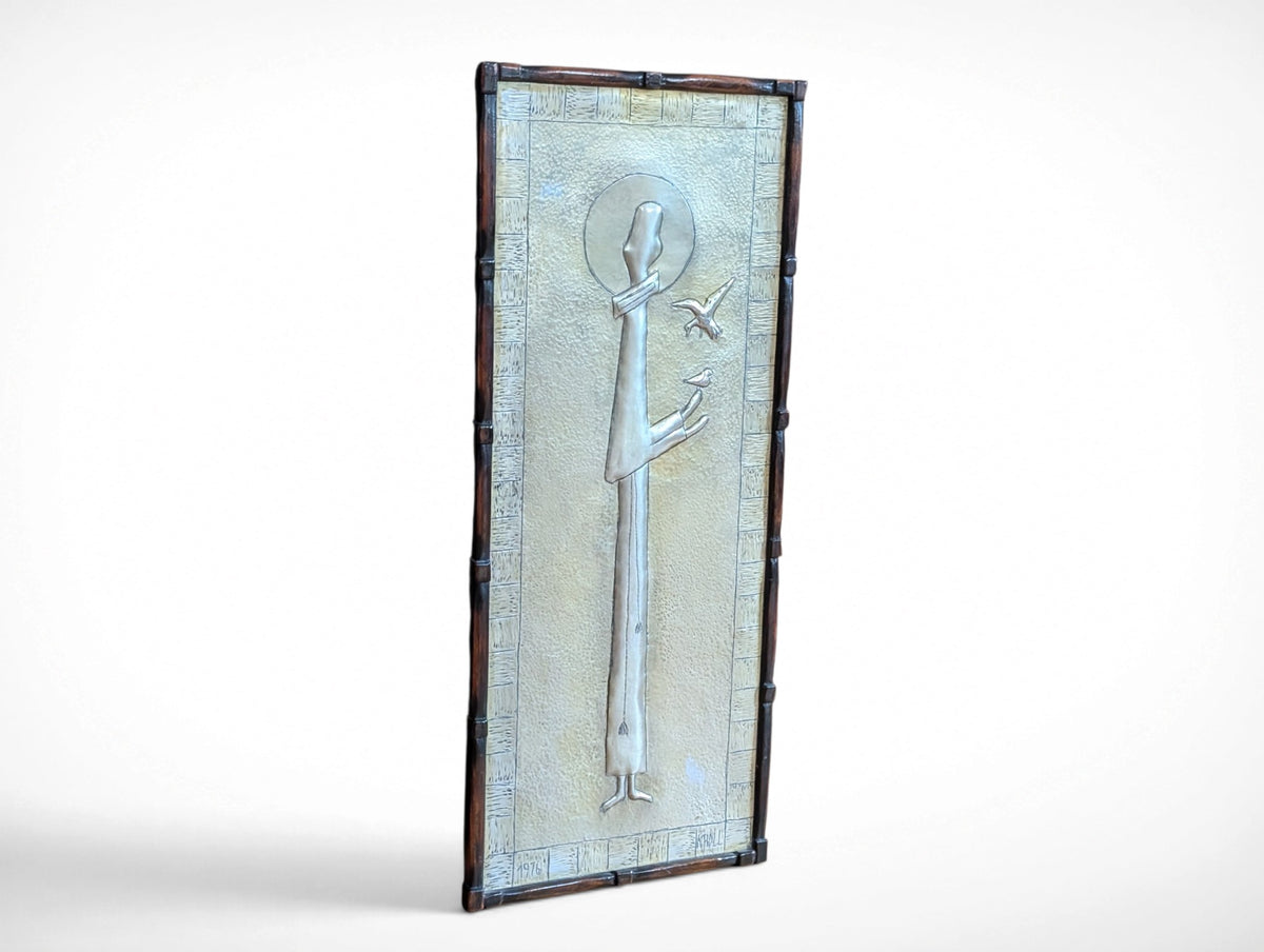 Vintage Kroll framed mid century modern religious folk metal art, signed and dated 1976, silver figure with birds in wood frame, 24.25 x 10.25 x .75 inches