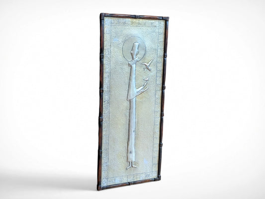 Vintage Kroll framed mid century modern religious folk metal art, signed and dated 1976, silver figure with birds in wood frame, 24.25 x 10.25 x .75 inches